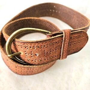 Western Brown Leather Belt with Gold Buckle And Small Studs